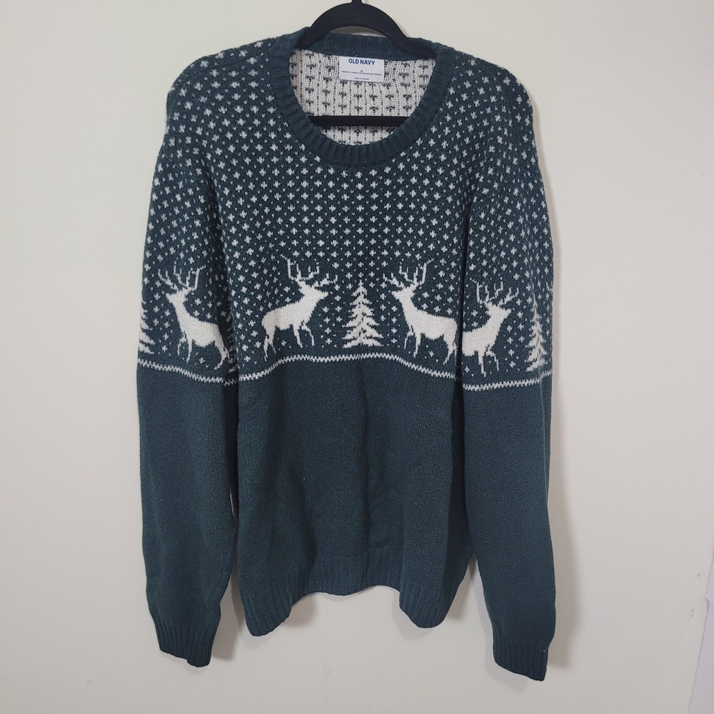 Old Navy Size XL Reindeer Fair Isle Sweater Mens Forest Green Holiday Crew Neck